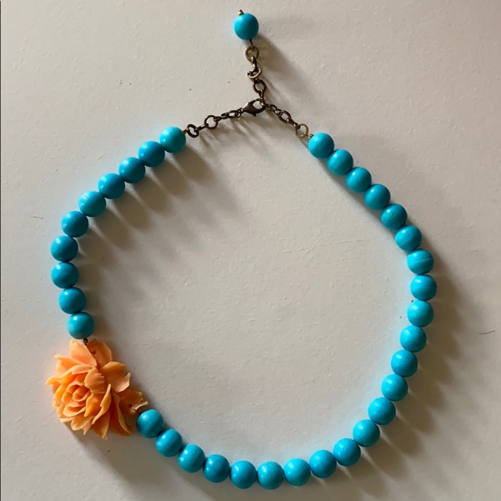 Asymmetric blue & orange flower statement necklace